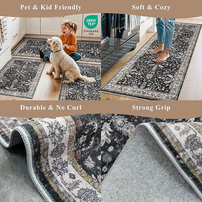 Kitchen Rug Sets 4-Piece with Runner – Washable Non-Slip Floor Mats for Sink, Entryway, Hallway, Bathroom – Soft Low-Pile Thin Boho Floral Rugs, New Home Decor (Black, 2x3+2x4+2x5+2x6)
