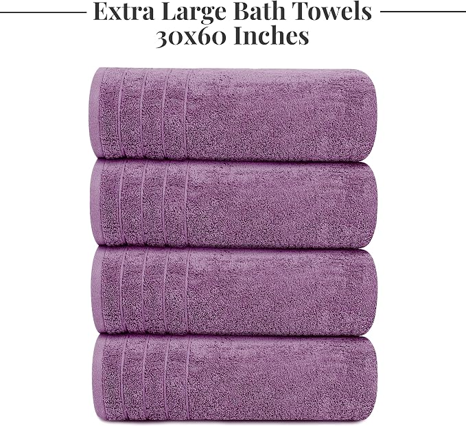 Tens Towels Pack of 4 Extra Large Bath Towels 30 x 60 Inches, 100% Cotton, Larger & Lighter Weight, Quicker to Dry, Super Soft and Absorbent, Perfect for Bathroom, Purple