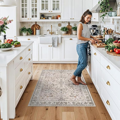 3x4 Entryway Rug Washable Non-Slip–Boho Floral Stain-Resistant Small Area Rug for Kitchen Bedroom Bathroom – Soft Low-Pile Thin Indoor Door Mat (Beige,3x4)
