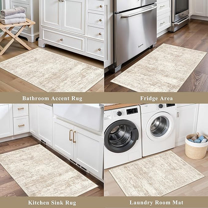 Kitchen Rugs Sets of 2, Washable Non-Slip Kitchen Mats for Floor, Stain Resistant Kitchen Runner Rugs for Kitchen Sink Laundry Entryway (Cream Beige, 2x3+2x4)