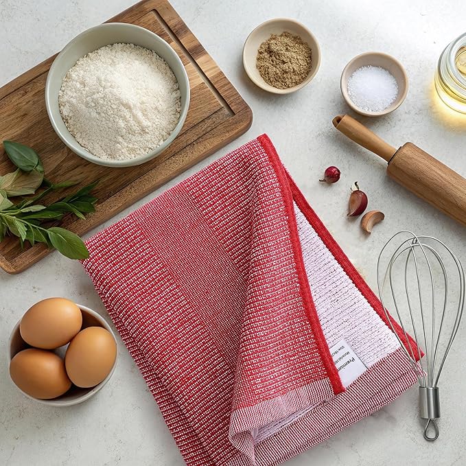 Mordimy Premium Kitchen Towels 8 Pack (18 x 28 Inches, Red), Large Cotton Kitchen Hand Towel, Flat & Terry Dish Towels for Drying Dishes, Super Absorbent Tea Dishtowels Set with Hanging Loop