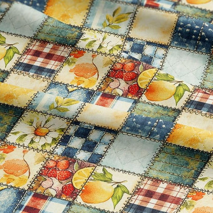 Patchwork Cotton Fabric Panel 61 x 36.6 Inches, Lemon Fruit Quilt Style Pattern, Rustic Blue Yellow Design, 100% Cotton 140 GSM