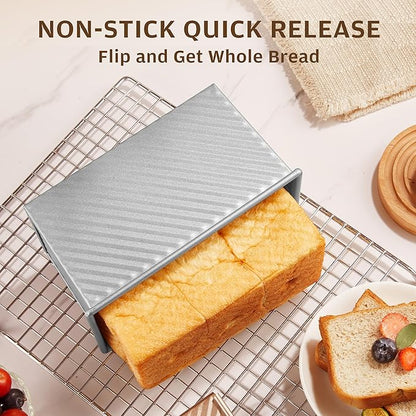 KITESSENSU Pullman Loaf Pan with Lid, 1 lb Dough Capacity Non-Stick Bakeware for Baking Bread, Carbon Steel Corrugated Bread Toast Box Mold with Cover for Baking Bread, Silver