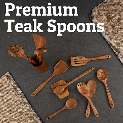 PriorityChef Wooden Spoons for Cooking, Premium 6pc Teak Wood Utensil Set with Hanging Hooks, Utensil Holder and Spoon Rest