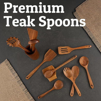 PriorityChef Wooden Spoons for Cooking, Premium 8pc Teak Wood Utensil Set with Hanging Hooks