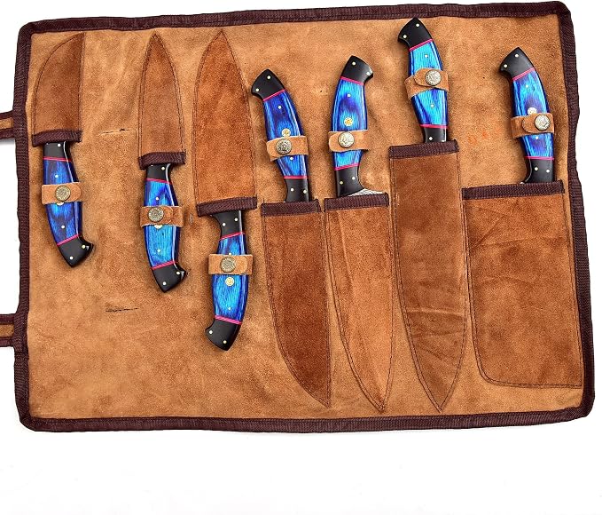 Professional Kitchen Knives Custom Made Damascus Steel 7 pcs of Professional Utility Kitchen Chef’s Knife Set with Pocket Case Chef Knife Set with Roll Bag (1063)