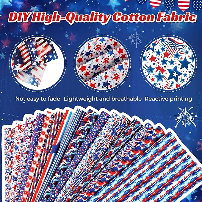 Tatuo 30 Pcs Patriotic Cotton Fabric Squares Bundle 10x10 Inch Red Blue White Precut Quilting Fabric 4th of July 30 Designs Star Stripe Fabrics for 250 Anniversary Sewing, Patchwork, DIY Crafts