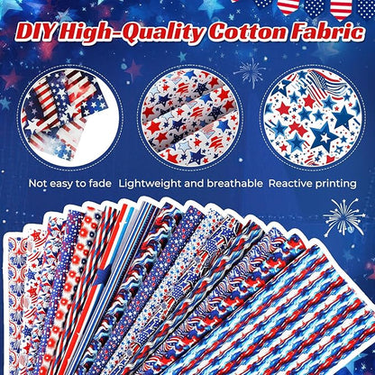 Tatuo 30 Pcs Patriotic Cotton Fabric Squares Bundle 10x10 Inch Red Blue White Precut Quilting Fabric 4th of July 30 Designs Star Stripe Fabrics for 250 Anniversary Sewing, Patchwork, DIY Crafts