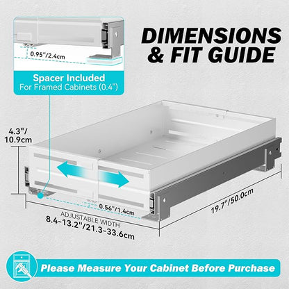 Pull Out Cabinet Organizer, Expandable Width 8"-13", Heavy Duty Metal Slide Out Drawers for Cabinets, Expandable Cabinet Pull Out Shelves for Kitchen, Pantry, Bathroom, White