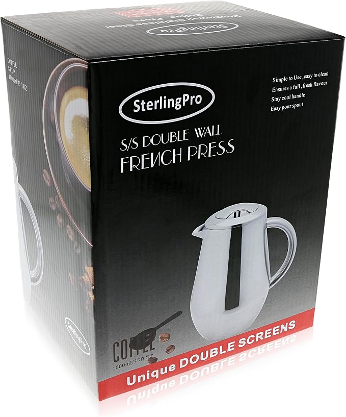 SterlingPro Small Insulated Stainless Steel French Press Coffee Maker 34oz - Insulated Metal Double Wall Insulation Cofee Maker | Mirror Finish | Pear Shape | Include x2 Replacement Filter Screens