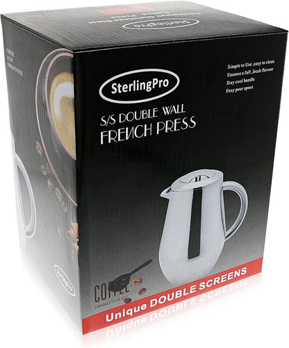 SterlingPro Small Insulated Stainless Steel French Press Coffee Maker 34oz - Insulated Metal Double Wall Insulation Cofee Maker | Mirror Finish | Pear Shape | Include x2 Replacement Filter Screens