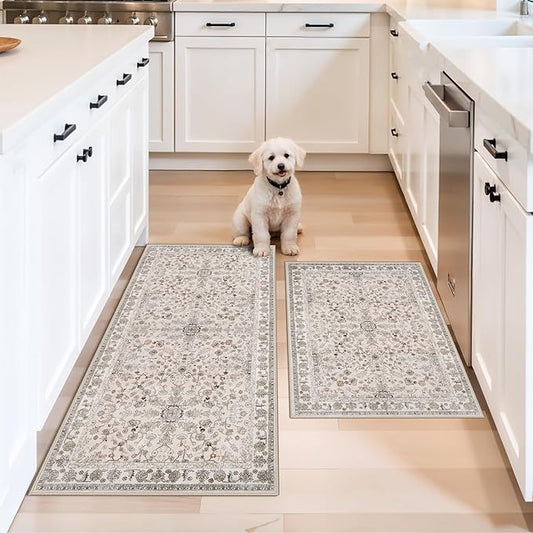 Kitchen Rugs Non-Slip Washable 2 Piece, Modern Boho Low Pile Stain-Resistant Floor Mats Set for Hardwood Floors, Soft Small Decorative Rugs (Beige, 2x3+2x4)