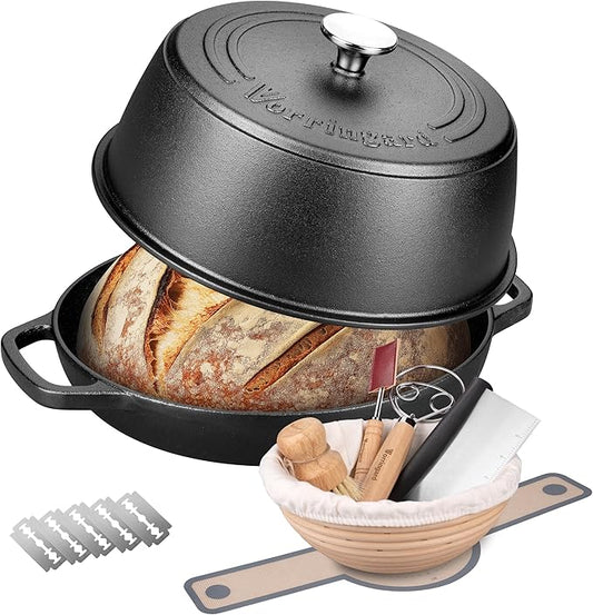 VORRINGARD Pre-seasoned Cast Iron Dutch Oven Pot with Lid for Bread Baking, Include Sourdough Bread Baking Supplies like Banneton Bread Proofing Basket, Bread Oven, 6 Quart