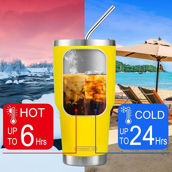 D·S 30oz Yellow Tumbler Stainless Steel Insulated Travel Mug with Straw Lid Cleaning Brush (30oz Yellow)