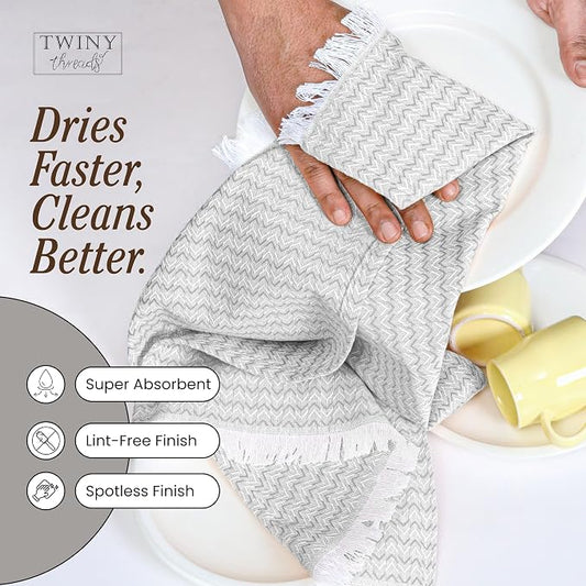 TWINY threads Kitchen Towel Chevron Design, Premium 100% Cotton Kitchen Linen Set, Large Dish Rags and Wash Rags, Absorbent Quick Drying, Washable Reusable, Pack of 4, 16"x26", Light Grey