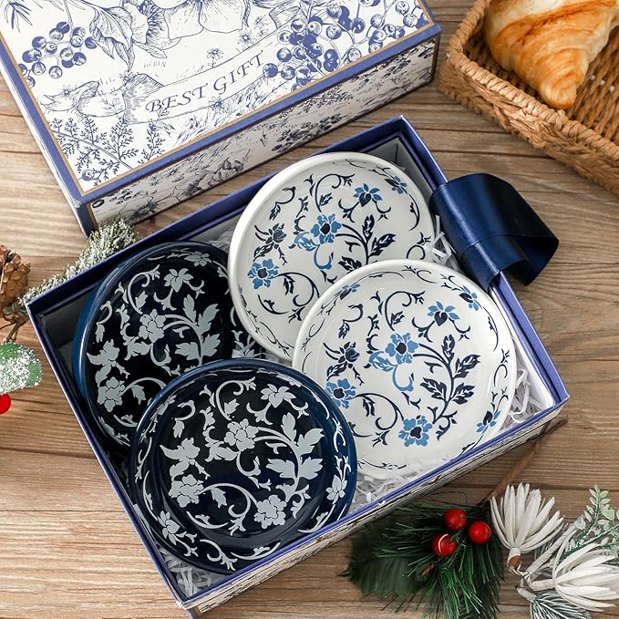 Spoon Rest Ceramic, 4.8 Inch Spoon Holder and Utensil rest for Stovetop, Vintage Spoon Rest Set of 4 for Spatula, Ladle, Kitchen Gadget Cooking Gift, Blue and White Floral Pattern, Kitchen Decor