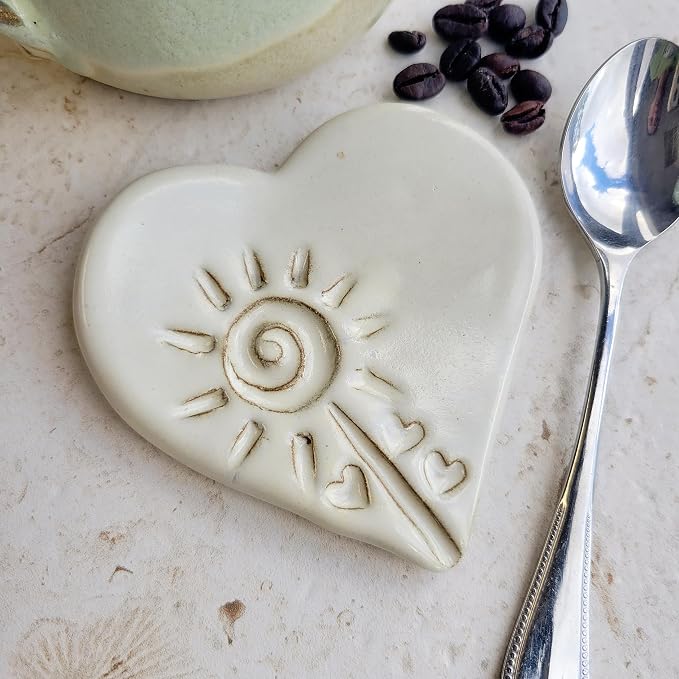 Heart Mini Spoon Rest for Coffee Teaspoon or Tea Ball - Small Size Countertop Miniature Ceramic Spoon Holder in Butter Cream
