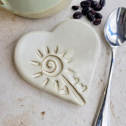 Heart Mini Spoon Rest for Coffee Teaspoon or Tea Ball - Small Size Countertop Miniature Ceramic Spoon Holder in Butter Cream