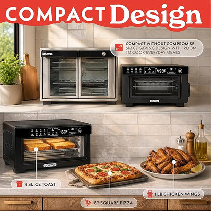 Gourmia Toaster Oven Digital Air Fryer - Convection Mode with 4 Slice Capacity, 3 Rack Positions, 12 Presets, Toast, Bagel, Bake, Roast, Broil, Dehydrate, Popcorn, Fits 9" Pizza, Black