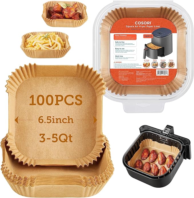 Cosori Air Fryer Liners, 100 PCS Square Disposable Paper Liners, Non-Stick Silicone Oil Coating, Little to No Cleaning, 6.5" Unbleached Food Grade, Resistant to 465°F, Thickened Not Easy to Break