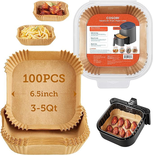 Cosori Air Fryer Liners, 100 PCS Square Disposable Paper Liners, Non-Stick Silicone Oil Coating, Little to No Cleaning, 6.5" Unbleached Food Grade, Resistant to 465°F, Thickened Not Easy to Break