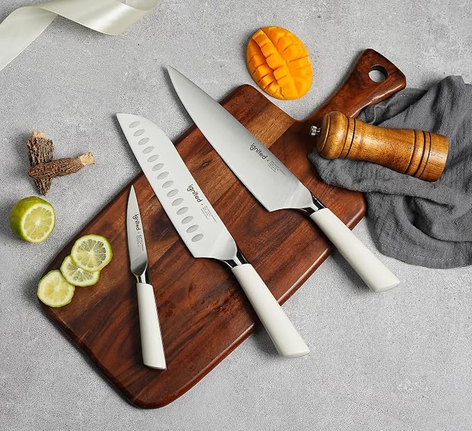 3 Piece Chef Knife Set - German Stainless Steel, Ergonomic Ivory White Handle, Full Tang Design Kitchen Knife Set, Ultra Sharp Chef Knives for Meat Vegetable Cutting, Ideal Gift for Chefs, Cooks