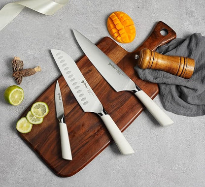 3 Piece Chef Knife Set - German Stainless Steel, Ergonomic Ivory White Handle, Full Tang Design Kitchen Knife Set, Ultra Sharp Chef Knives for Meat Vegetable Cutting, Ideal Gift for Chefs, Cooks