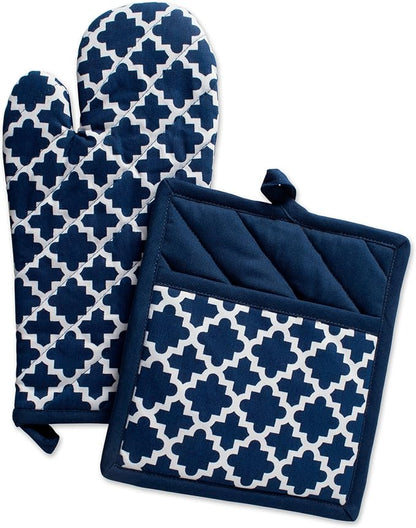 DII Lattice Basics Collection Kitchen Essentials, Oven Mitt & Potholder Set, Nautical Blue, 2, Piece