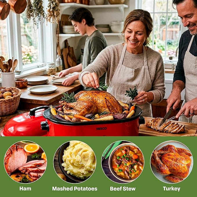 NESCO MWR18‑12 Electric Roaster Oven for Family‑Size Meals, Red 18‑Quart Countertop Roaster with Circle of Heat Heating Technology