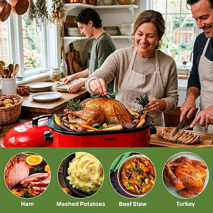 NESCO MWR18‑12 Electric Roaster Oven for Family‑Size Meals, Red 18‑Quart Countertop Roaster with Circle of Heat Heating Technology