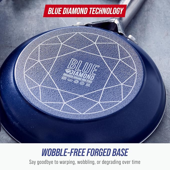 Blue Diamond 10" Nonstick Frying Pan Skillet, Diamond Infused PFAS & PTFE-Free Ceramic Pot, Dishwasher & Oven Safe, Stay Cool Handle, Durable Non Toxic Metal Utensil Safe, Egg & Omelet Pan, Blue