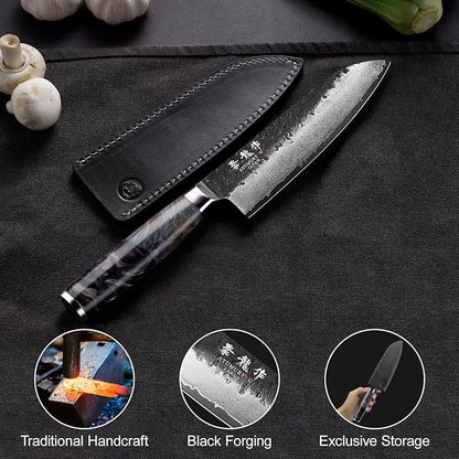 Japanese Chef Knife with VG10 Core, 7'' Razor Sharp Hand Forged Damascus Santoku Knife for Home & Professional Chefs, Kitchen Knives with Leather Sheath & Gift Box, Fathers Day Gift for Dad Husband