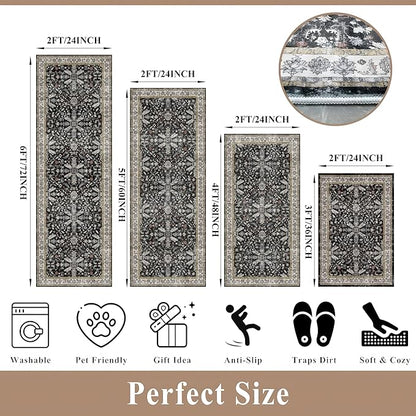 Kitchen Rug Sets 4-Piece with Runner – Washable Non-Slip Floor Mats for Sink, Entryway, Hallway, Bathroom – Soft Low-Pile Thin Boho Floral Rugs, New Home Decor (Black, 2x3+2x4+2x5+2x6)