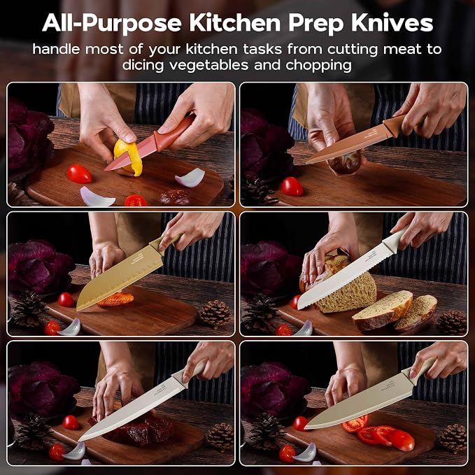 Onader 12 Pieces Kitchen Knife Set with Blade Guards, Stainless Steel Sharp Knife Set for Kitchen, Multicolor