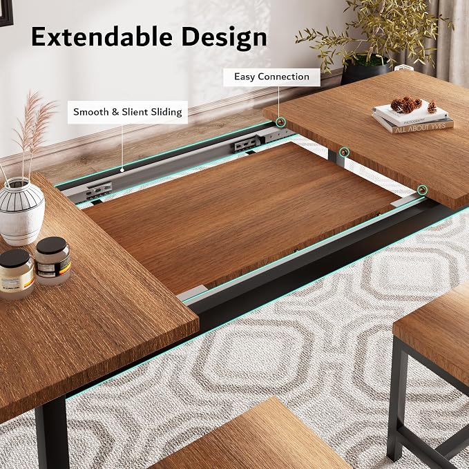 iPormis 7-Piece Dining Table Set with 6 Stools, 63" Extendable Kitchen Table Set for 4-8, Modern Dining Room Table with Sturdy Metal Frame, Space-Saving Dinette, Walnut