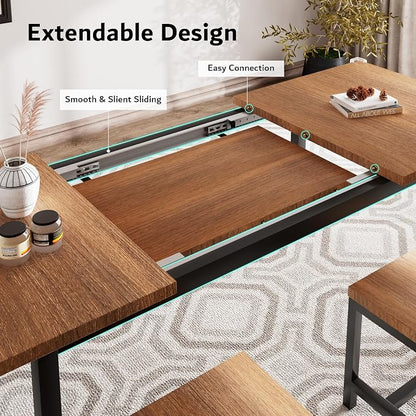 iPormis 7-Piece Dining Table Set with 6 Stools, 63" Extendable Kitchen Table Set for 4-8, Modern Dining Room Table with Sturdy Metal Frame, Space-Saving Dinette, Walnut