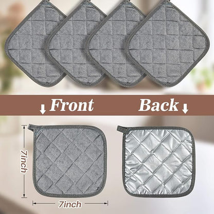 MAQIHAN Pot Holders for Kitchen - 4 PCS Cotton Pot Holder Set Hot Pads for Kitchen and Dining Essentials Decor and Accessories Gray 7 Inch Terry Cloth for Oven Cooking Baking Pans