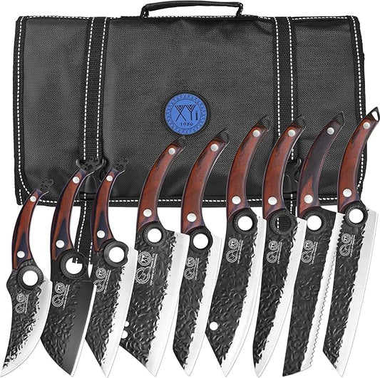 XYJ Professional Kitchen Knife Set with High-Carbon Steel Forged Blades, Chef's Knife, Cleaver, Carving Knife, Nakiri, Full Tang Design, Includes Carrying Bag & Poultry Scissors