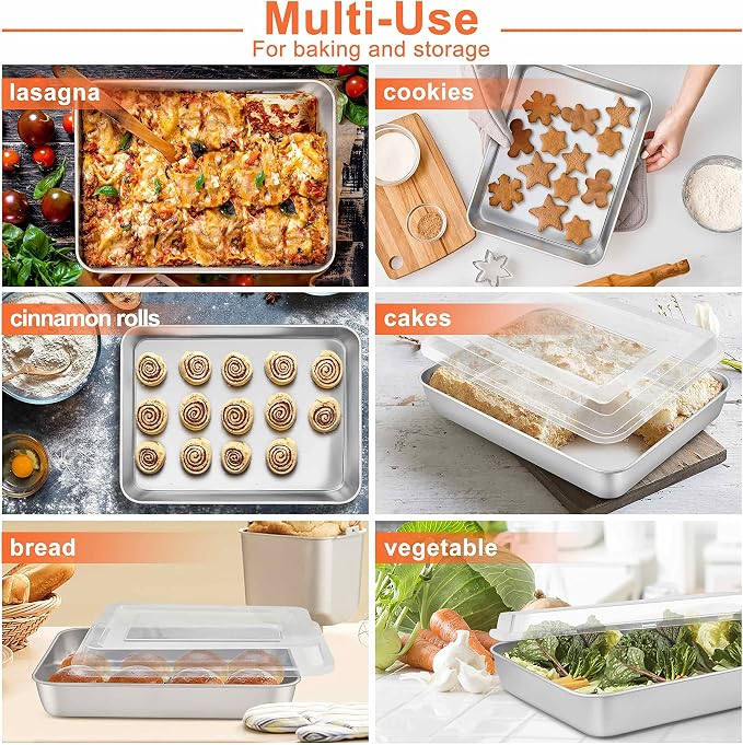 Herogo 10.5" x 8" x 2" Deep Baking Pan Set of 2, Stainless Steel Rectangle Sheet Cake Pan for Lasagna Brownies Casseroles Cakes, Dishwasher Safe & Durable