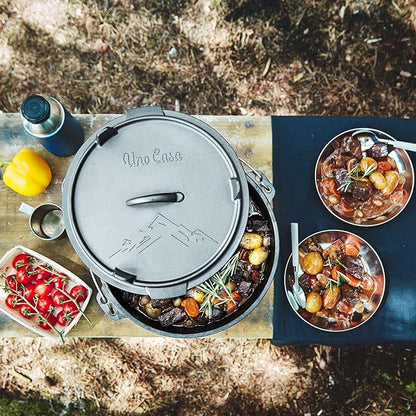 Uno Casa 6Qt Cast Iron Camping Dutch Oven with Lid Lifter and Storage Bag - Pre-Seasoned Outdoor Dutch Oven for Campfire Cooking, Stews, and Baking - Durable Cast Iron Pot for Camping and Hiking
