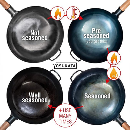 YOSUKATA 14” Round Bottom Carbon Steel Wok Pan – Blue Pre-Seasoned Pow Wok for Stir Fry, BBQ & Camping – Traditional Japanese & Chinese Cookware – Compatible with Gas Stoves & Open Fire Only