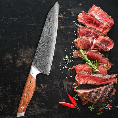 XITUO Damascus Steel Kiritsuke Knife 8-Inch, Japanese Chef Knife VG-10 67 Layers Steel Kitchen Knife, Ultra Sharp Razor Edge for Meat Vegetable Chopping, Olive Wood Handle Gift for Chefs