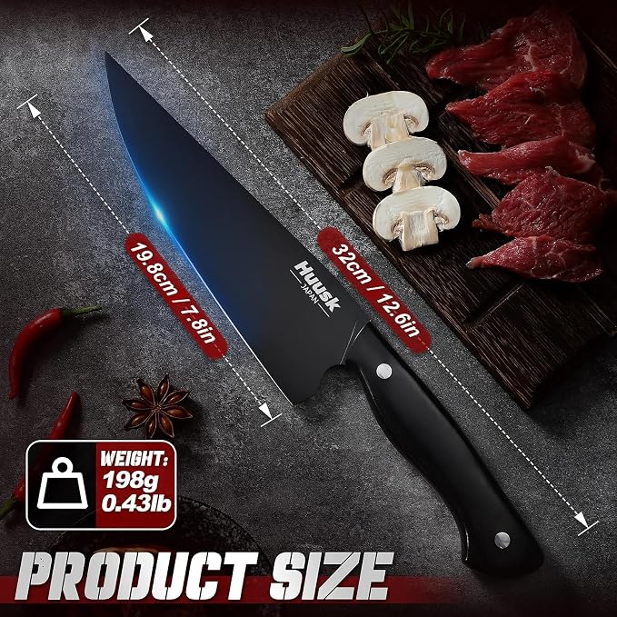 Huusk Japanese Chef Knife for Kitchen - 8in Stainless Kitchen Knife with Black Titanium Coating, All Purpose Cooking Knives for Vegetable & Meat Cutting, Ultra Sharp Gyuto Knives, Men's Gift