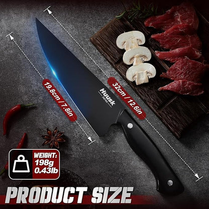 Huusk Japanese Chef Knife for Kitchen - 8in Stainless Kitchen Knife with Black Titanium Coating, All Purpose Cooking Knives for Vegetable & Meat Cutting, Ultra Sharp Gyuto Knives, Men's Gift
