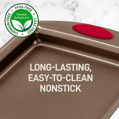 NutriChef 2-Piece Nonstick Baking Pan Set – Carbon Steel Cookie Sheet w/Red Silicone Grip Handles – Durable, Heavy-Duty Bakeware for Even Heat Distribution – Oven Safe, Easy Cleanup – Golden