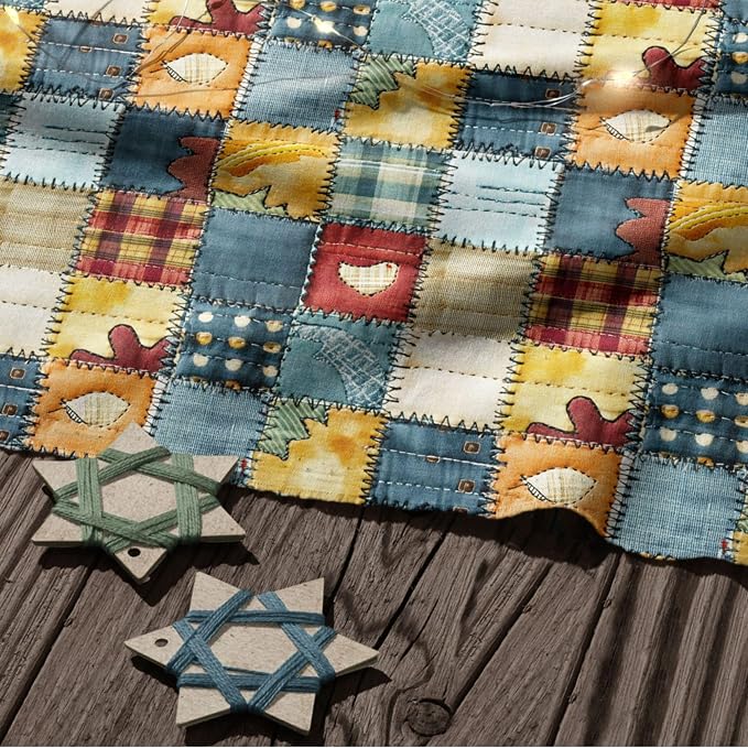 Patchwork Cotton Fabric Panel 61 x 36.6 Inches, Rustic Quilt Style Squares with Heart Motifs, Multicolor Vintage Design, 100% Cotton 140 GSM