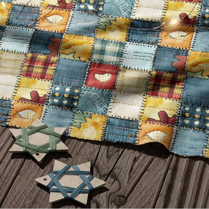 Patchwork Cotton Fabric Panel 61 x 36.6 Inches, Rustic Quilt Style Squares with Heart Motifs, Multicolor Vintage Design, 100% Cotton 140 GSM