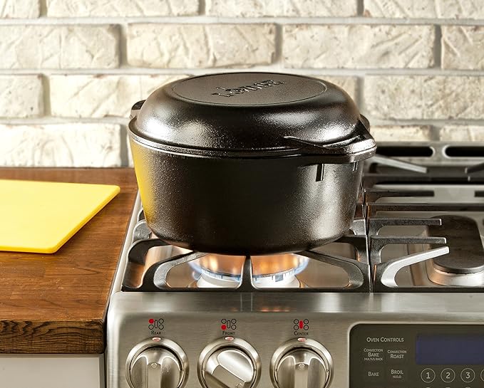 Lodge Cast Iron Double Dutch Oven 5 Quart - Pre-Seasoned 2-in-1 Cast Iron Cookware - Pot & Skillet Combo - Even Heat Retention - Oven-Safe, Versatile Pot