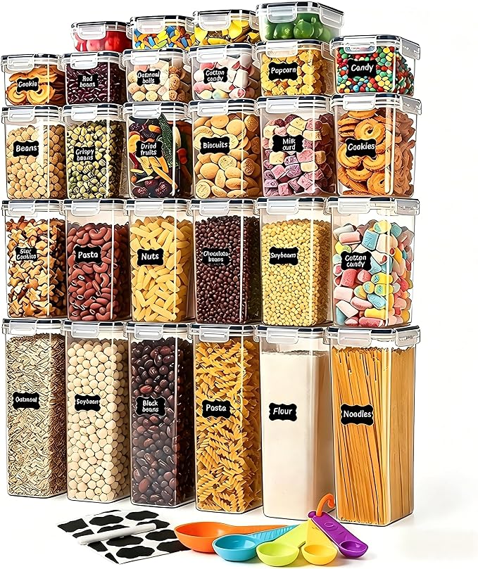 28 Pack Airtight Food Storage Containers with Lids, BPA Free Clear Pantry Storage Container for Kitchen Food Pantry Organizers and Storage, Plastic Pantry Organiser for Cereal,Flour and Sugar