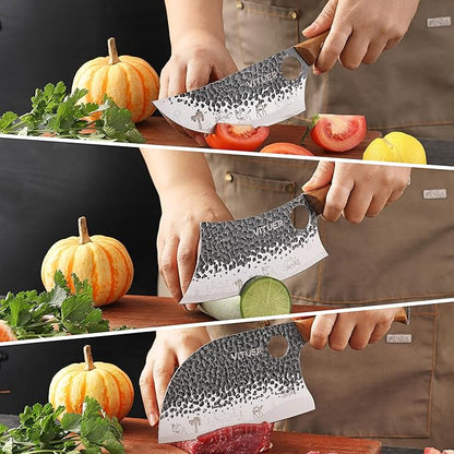 3PCS Butcher Knife Set, Hand Forged 7" Butcher Meat Cleaver, 7" Serbian Chef and 6.5" Viking Knife, Great for Indoor & Outdoor (Stylish Pattern Design)